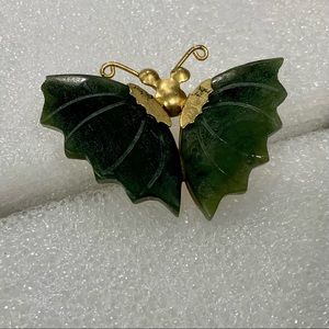 JADE STONE BUTTERFLY PIN BROOCH VINTAGE 70s